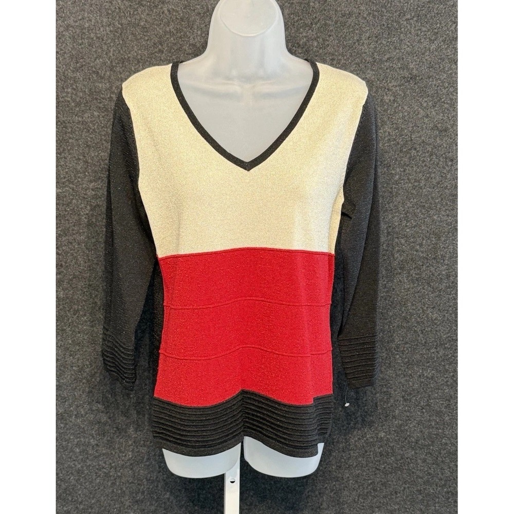 NWT Cable and Gauge Women's Black/Red/cream Knit Sweater Top M V-Neck 3/4 Sleeve